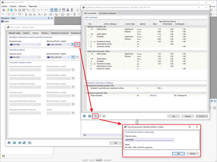 FAQ 005206 | Jak mohu v programech RFEM 6 a RSTAB 9 upravit dílčí součinitele spolehlivosti a kombinační součinitele?