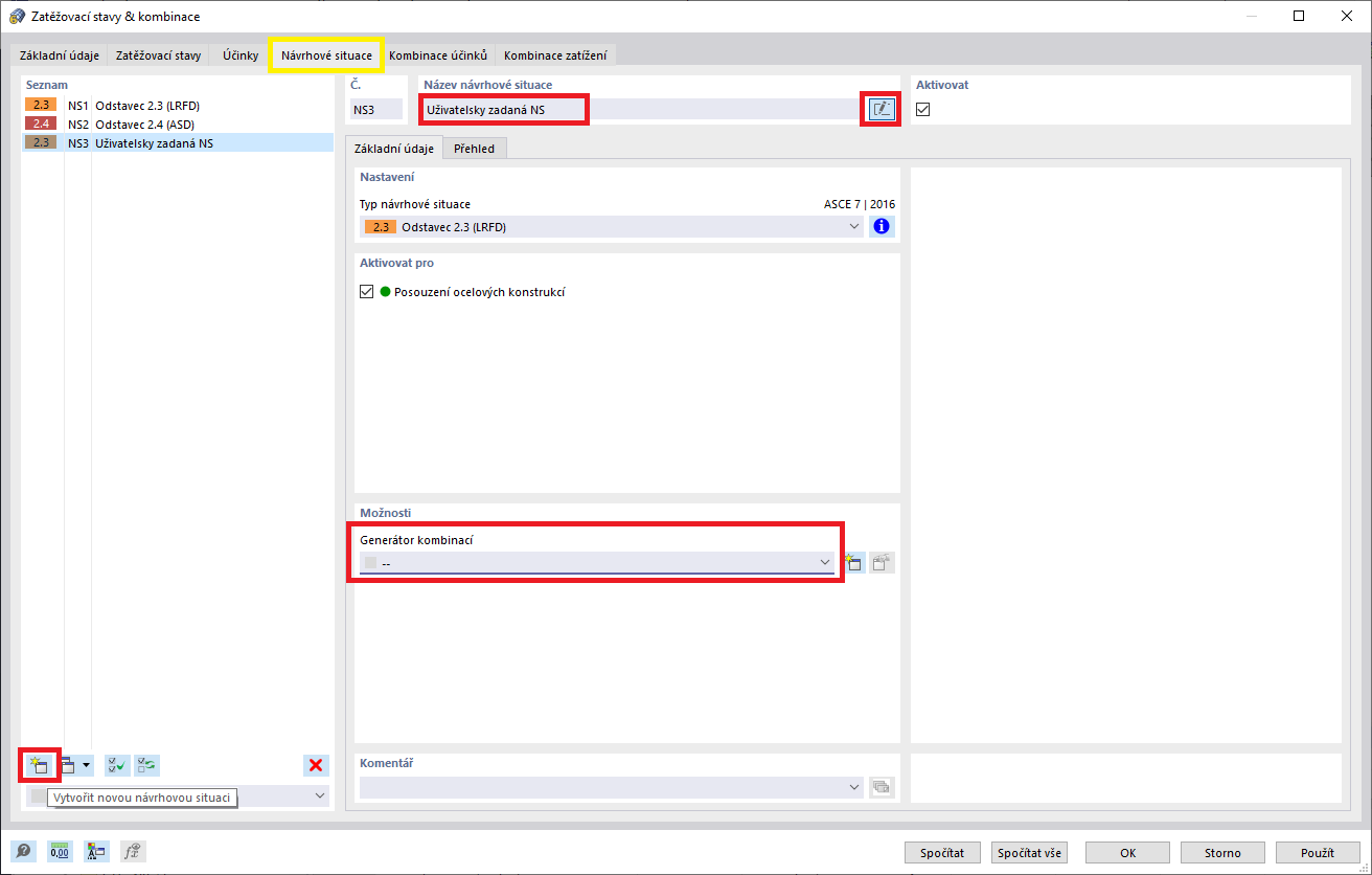FAQ 005208 | Jak mohu vytvořit uživatelsky definovanou návrhovou situaci s vlastními zvolenými kombinacemi zatížení?