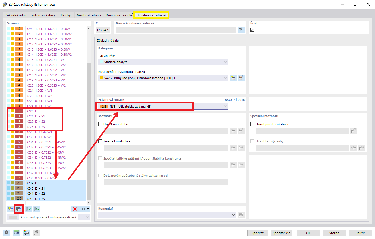 FAQ 005208 | Jak vytvořím uživatelsky definovanou návrhovou situaci se svými vlastními vybranými kombinacemi zatížení?
