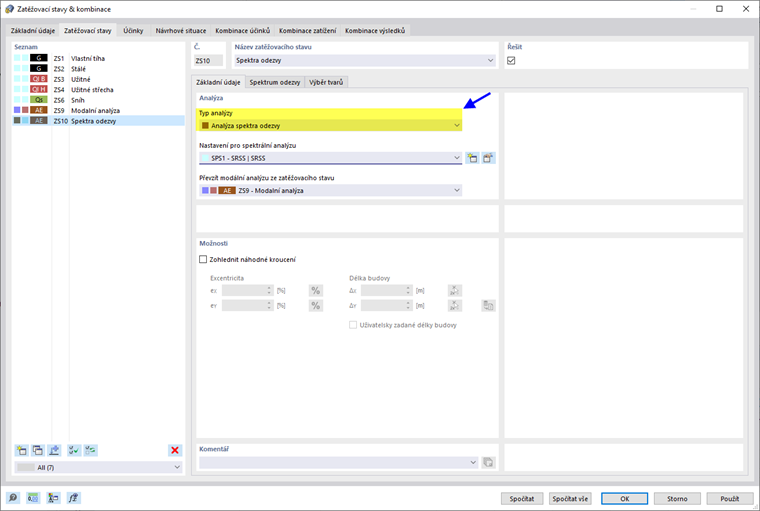 Pro zatěžovací stav definujte typ analýzy 'Analýza spektra odezvy'
