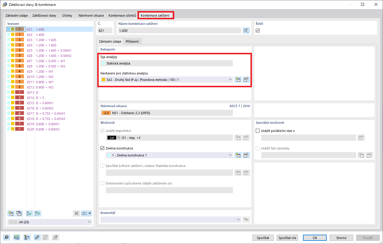 Nastavení statické analýzy podle druhého řádu pro kombinace zatížení