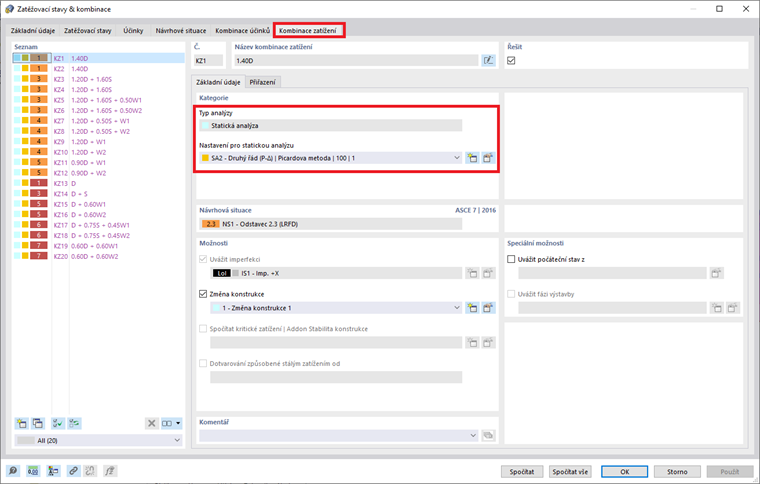 Nastavení statické analýzy podle druhého řádu pro kombinace zatížení