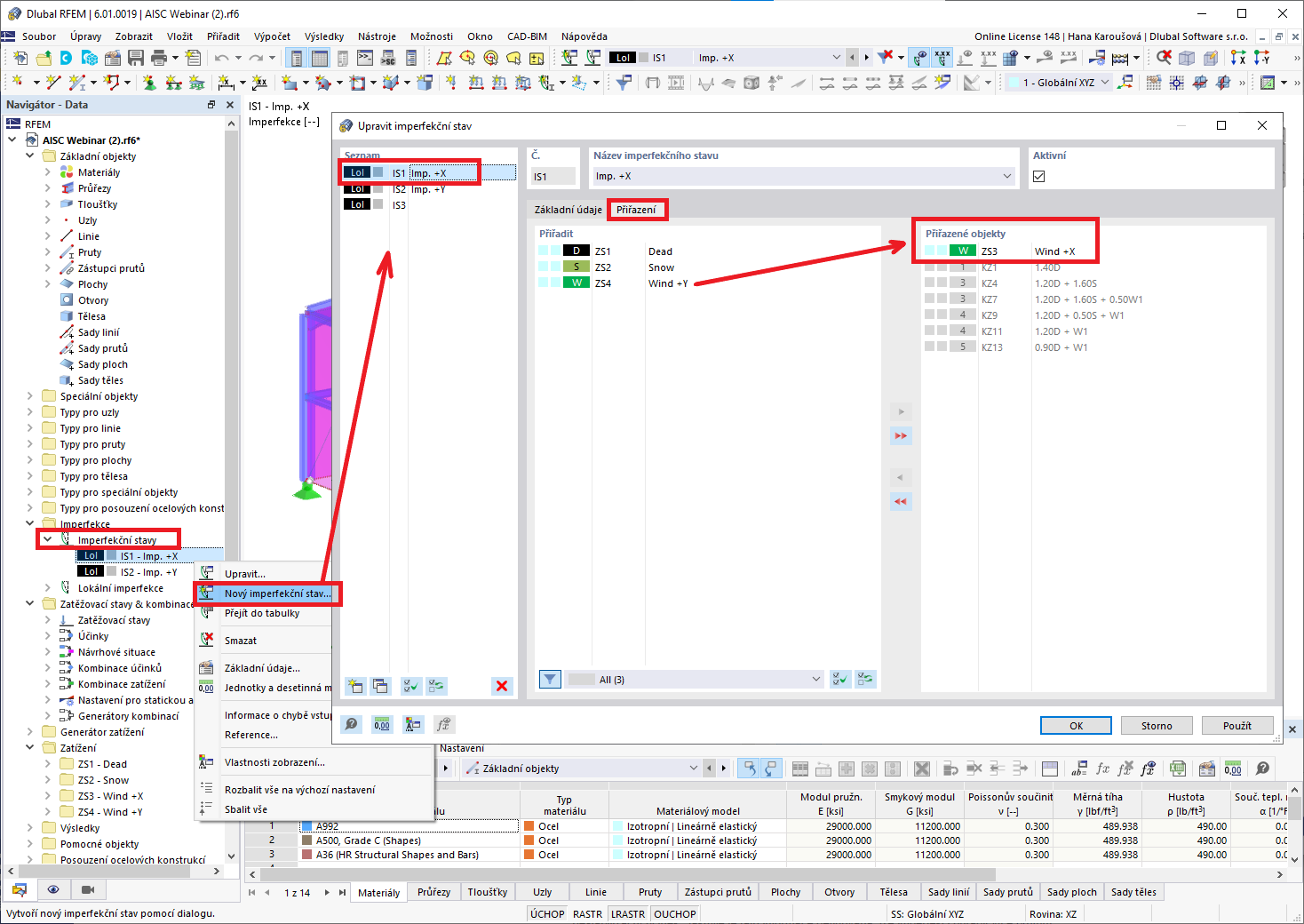 Přiřazení inperfekčních a zatěžovacích stavů