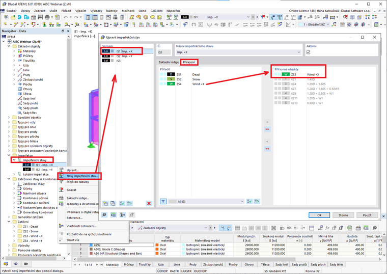 Přiřazení inperfekčních a zatěžovacích stavů