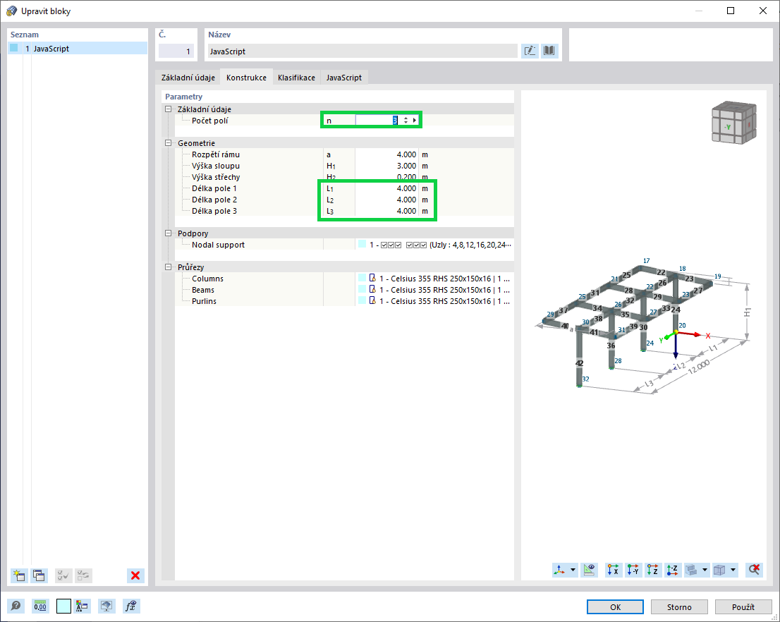 Blok s počtem polí n=3