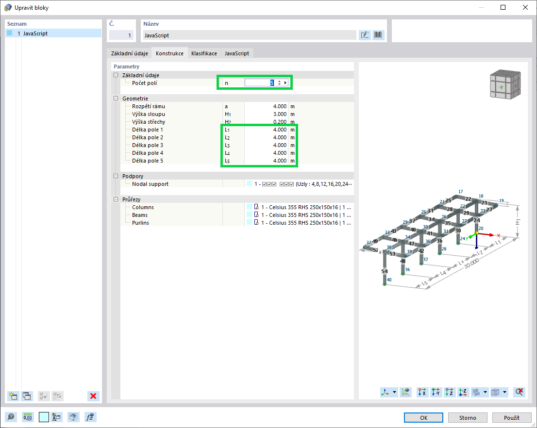 Blok s počtem polí n=5