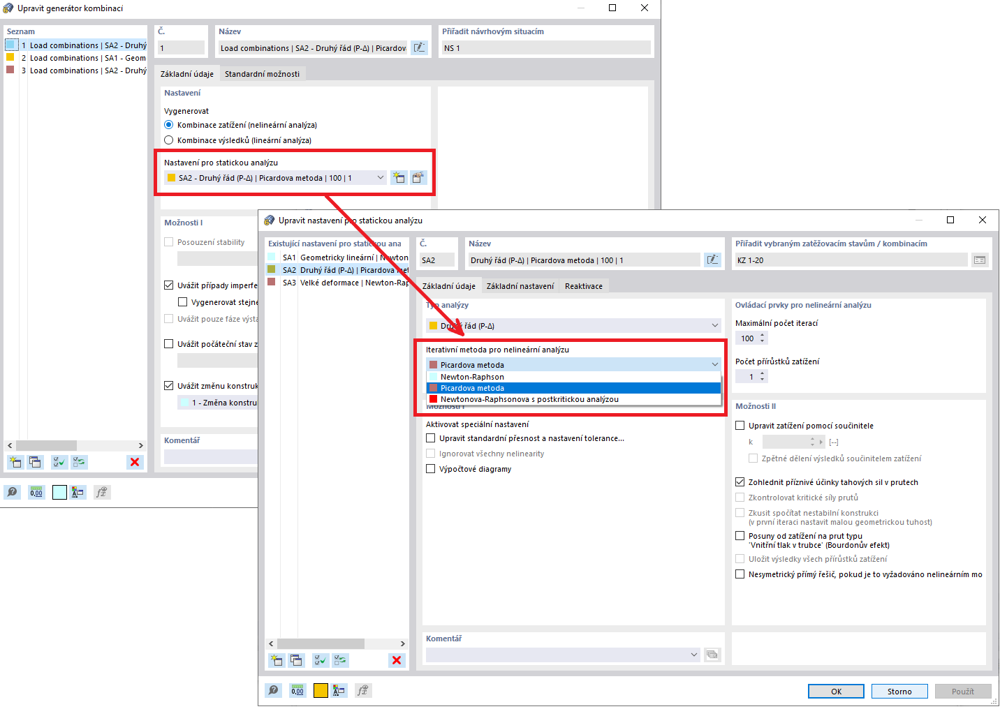 Nastavení statické analýzy podle druhého řádu pro návrhové situace