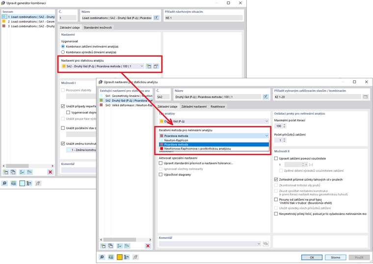 Nastavení statické analýzy podle druhého řádu pro návrhové situace