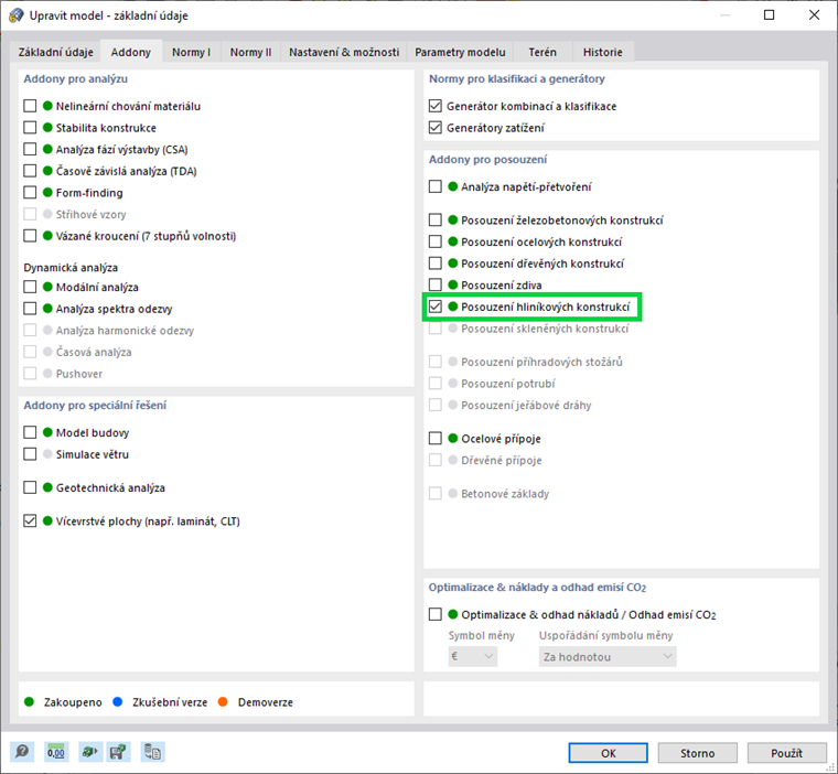 Aktivace addonu Posouzení hliníkových konstrukcí