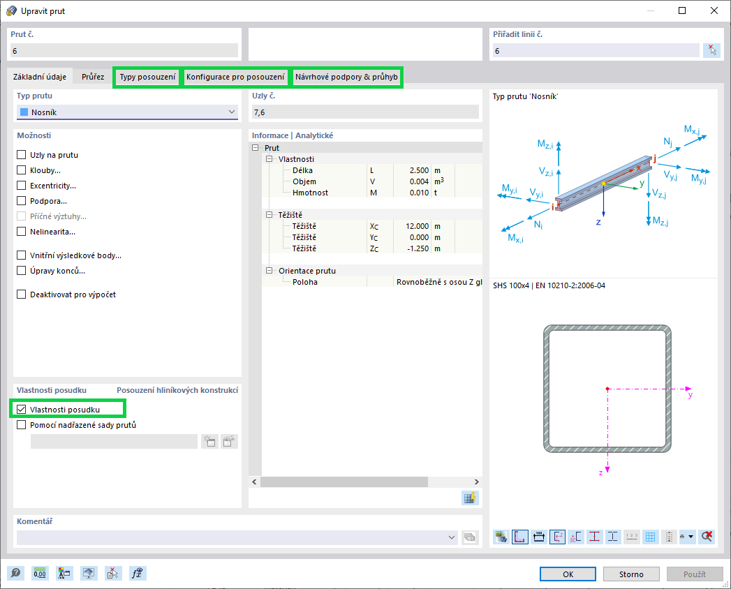 Aktivace vlastností posouzení