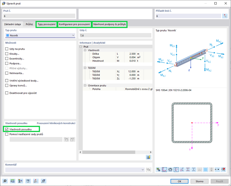 Aktivace vlastností posouzení
