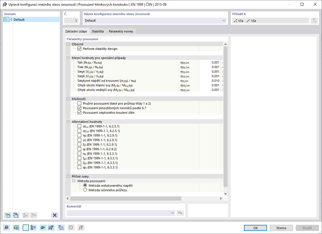 Konfigurace mezního stavu únosnosti
