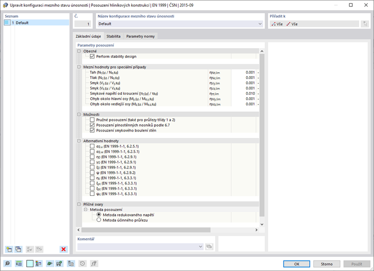 Konfigurace mezního stavu únosnosti