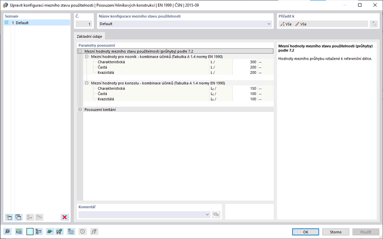 Konfigurace mezního stavu použitelnosti