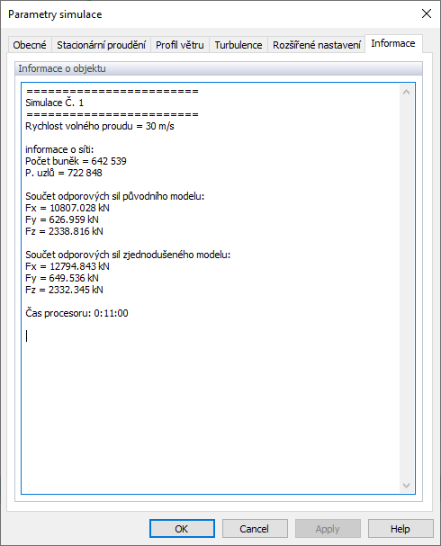 Parametry simulace, Informace