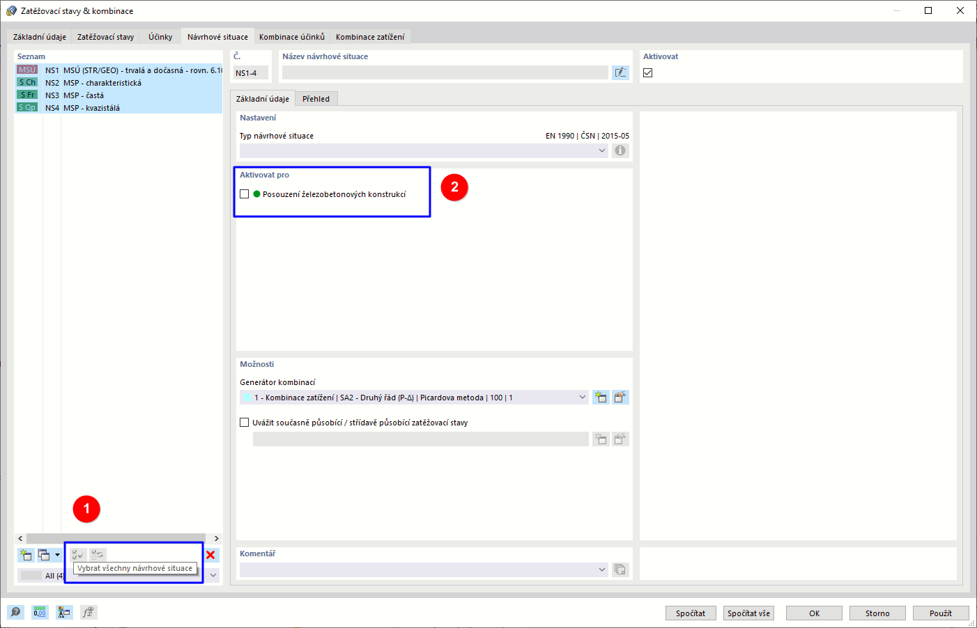 Deaktivace DS1 až DS4 pro posouzení betonu