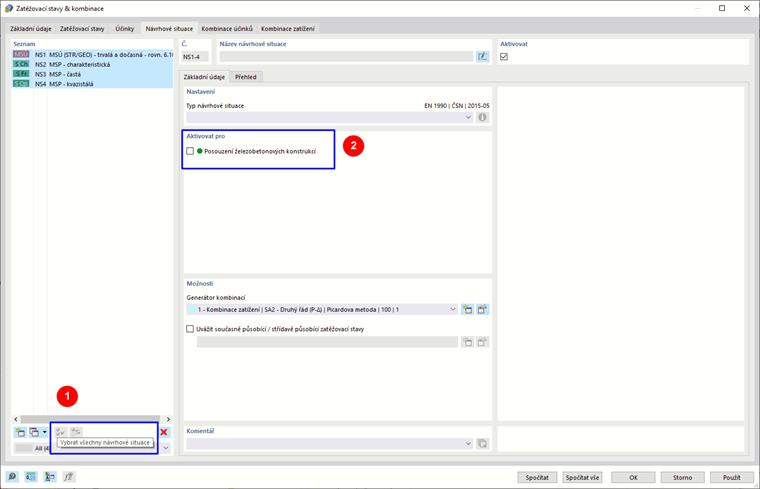 Deaktivace DS1 až DS4 pro posouzení betonu