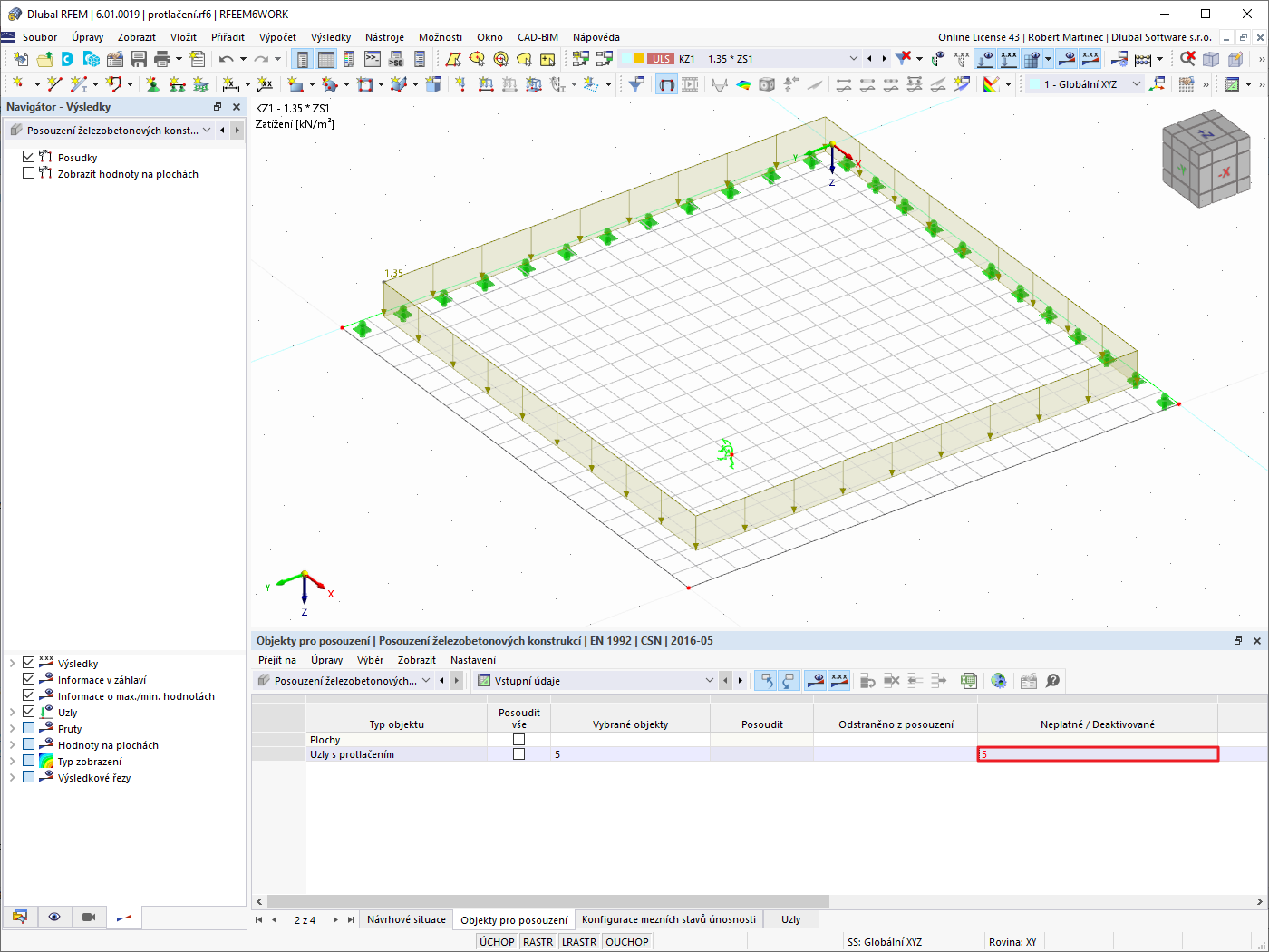 FAQ 005214 | Chtěl bych posoudit železobetonovou desku na protlačení. Vybral jsem uzel a nastavil jej k posouzení na protlačení. Uzel je vyhodnocen jako neplatn