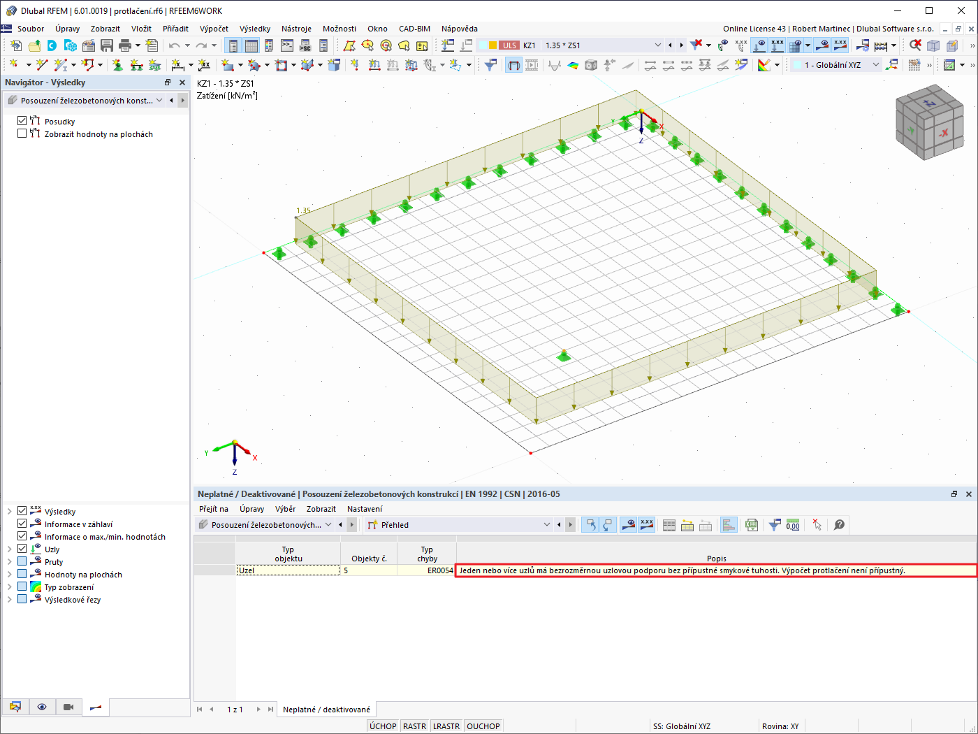 FAQ 005214 | Chtěl bych posoudit železobetonovou desku na protlačení. Vybral jsem uzel a nastavil jej k posouzení na protlačení. Uzel je vyhodnocen jako neplatn