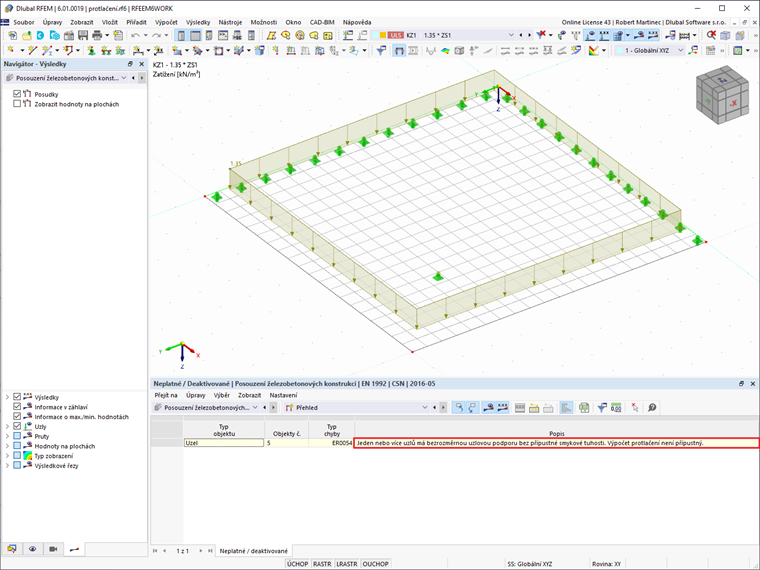 FAQ 005214 | Chtěl bych posoudit železobetonovou desku na protlačení. Vybral jsem uzel a nastavil jej k posouzení na protlačení. Uzel je vyhodnocen jako neplatn