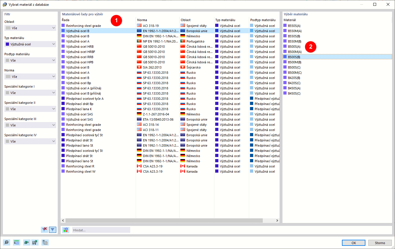 Výběr betonářské výztuže v databázi