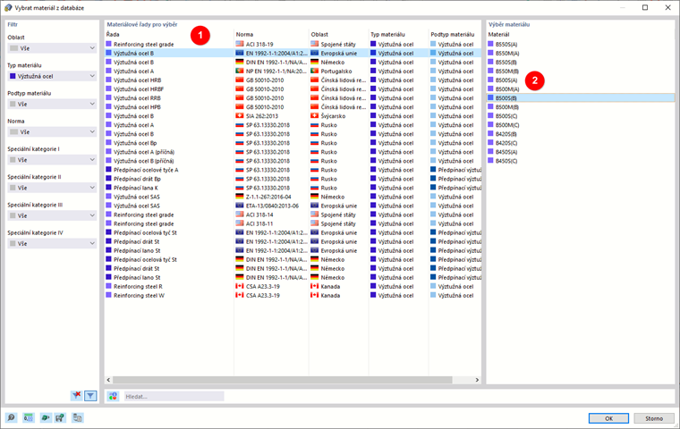 Výběr betonářské výztuže v databázi