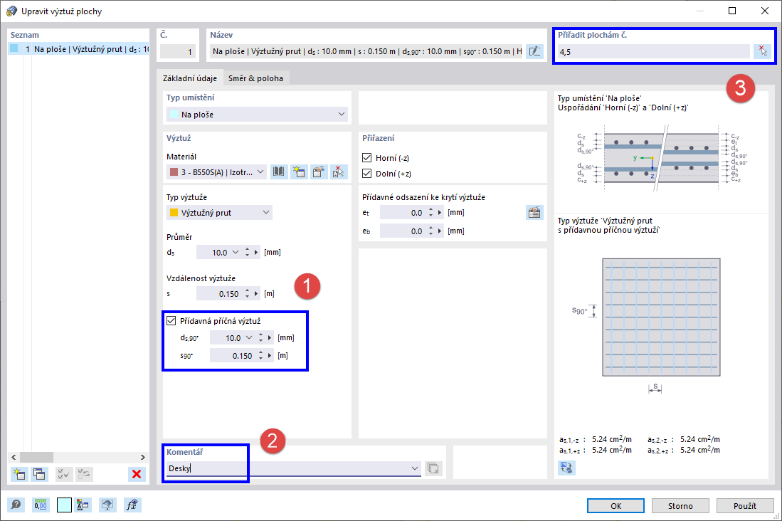 Zadání plošné výztuže
