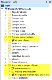 Kategorie pro posouzení ocelových přípojů v navigátoru - Data