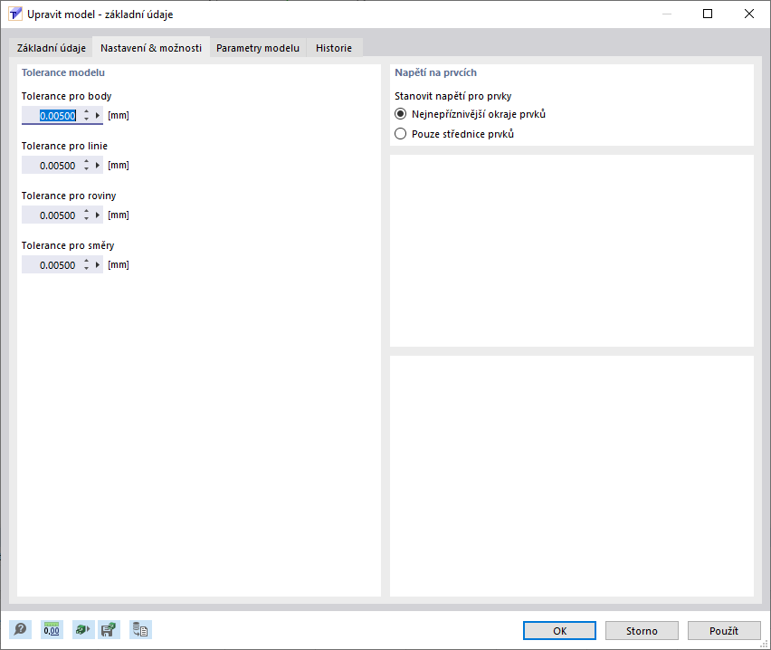 Dialog 'Nový model – Základní údaje', Záložka 'Nastavení a možnosti'