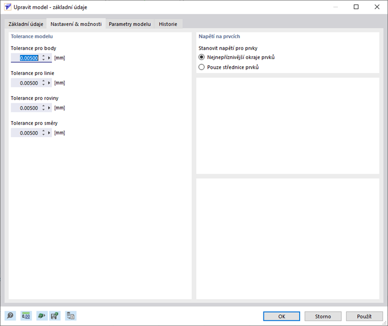 Dialog 'Nový model – Základní údaje', Záložka 'Nastavení a možnosti'