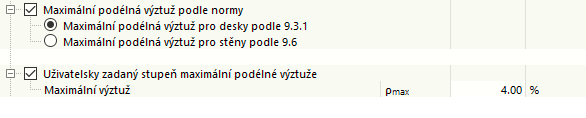 Maximální podélná výztuž podle normy pro desky nebo stěny a uživatelsky zadaná úroveň výztuže