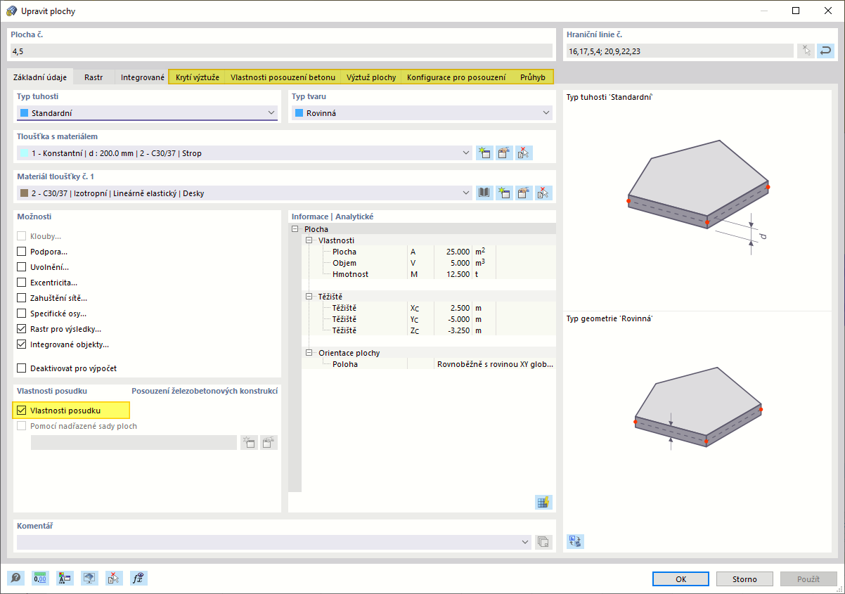Vlastnosti posouzení pro desky se záložkami navíc