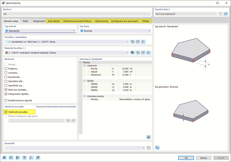 Vlastnosti posouzení pro desky se záložkami navíc