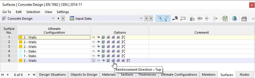 Tabulka "Plochy" se symboly možností zobrazení