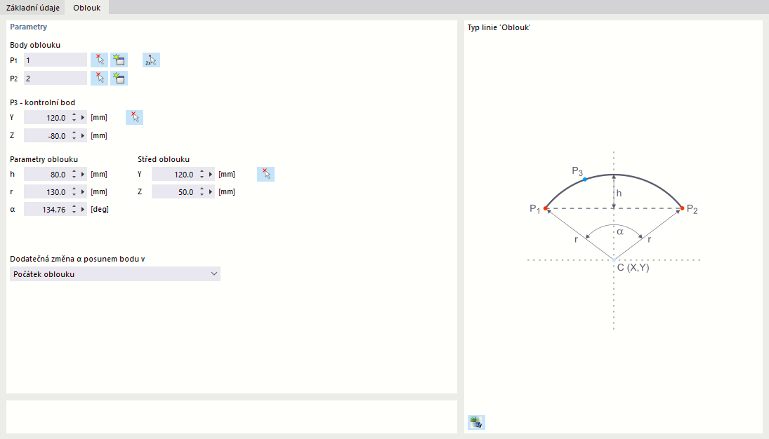 Dialog "Nová linie", záložka "Oblouk"