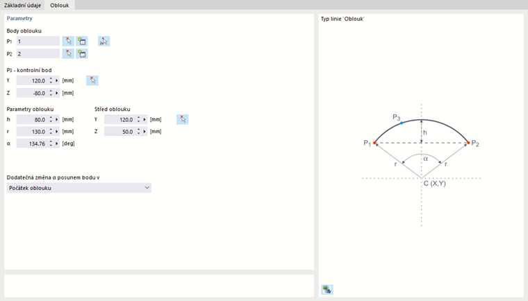 Dialog "Nová linie", záložka "Oblouk"