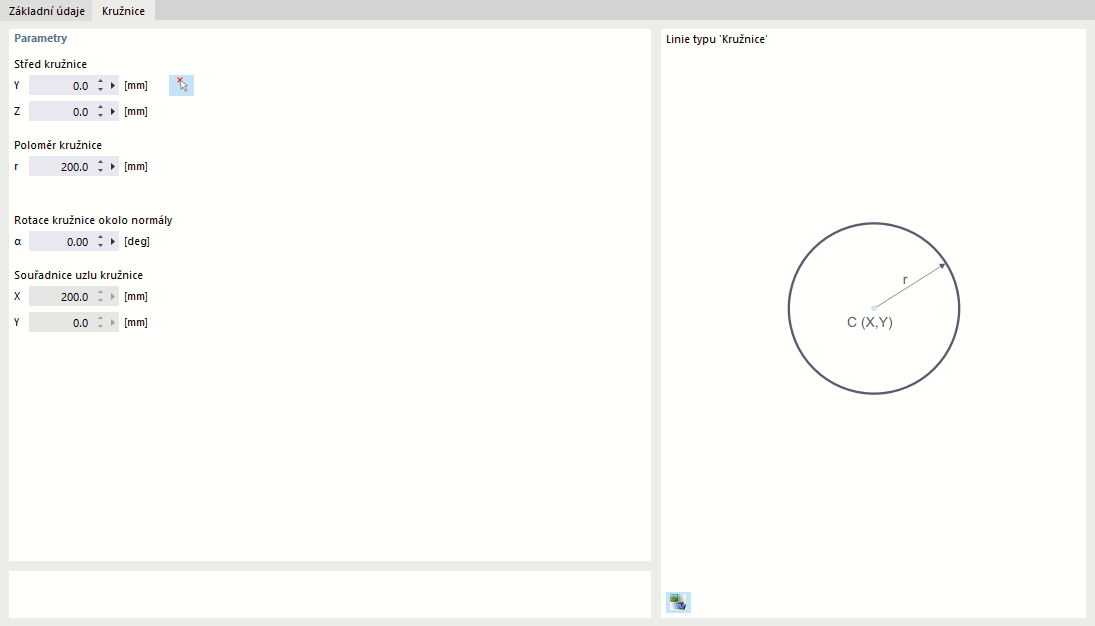 Dialog 'Nová linie', záložka 'Kružnice'