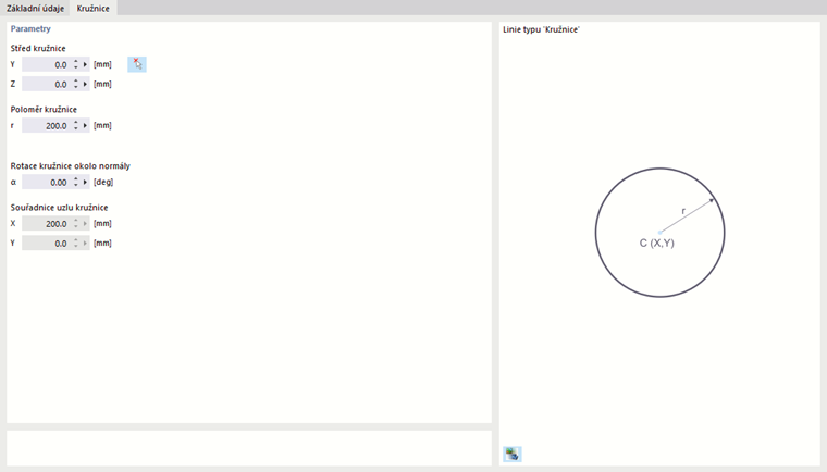 Dialog 'Nová linie', záložka 'Kružnice'