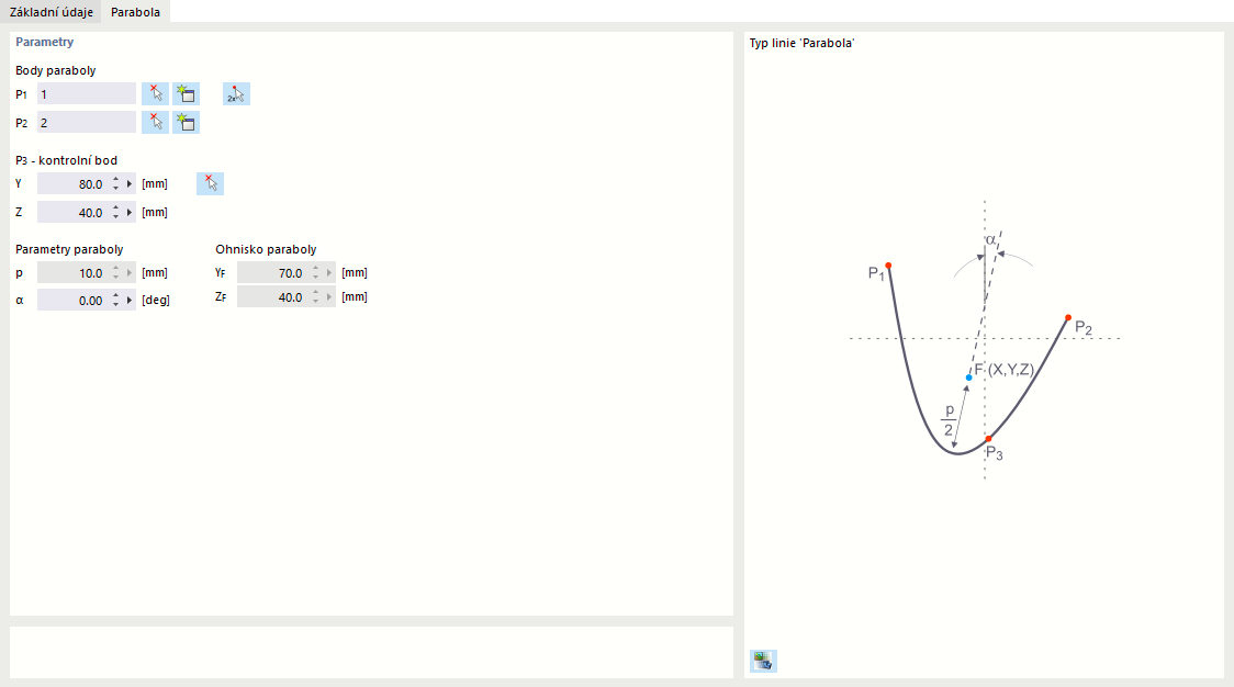 Dialog "Nová linie", záložka "Parabola"
