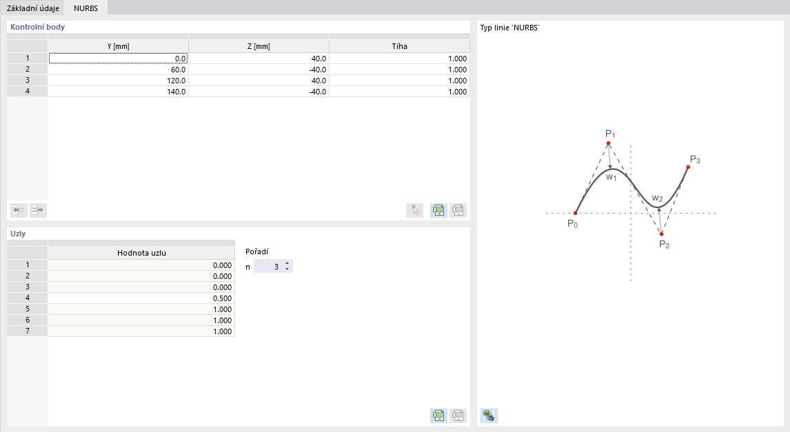 Dialog "Nová linie", záložka "NURBS"