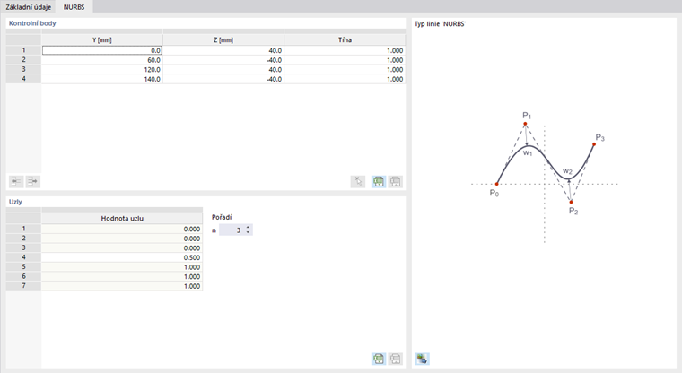Dialog "Nová linie", záložka "NURBS"