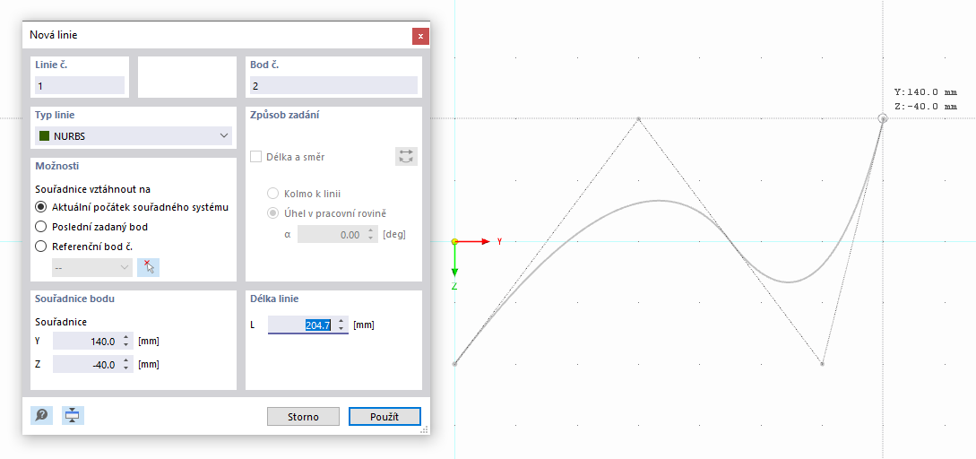 Grafické vytvoření NURBS linie