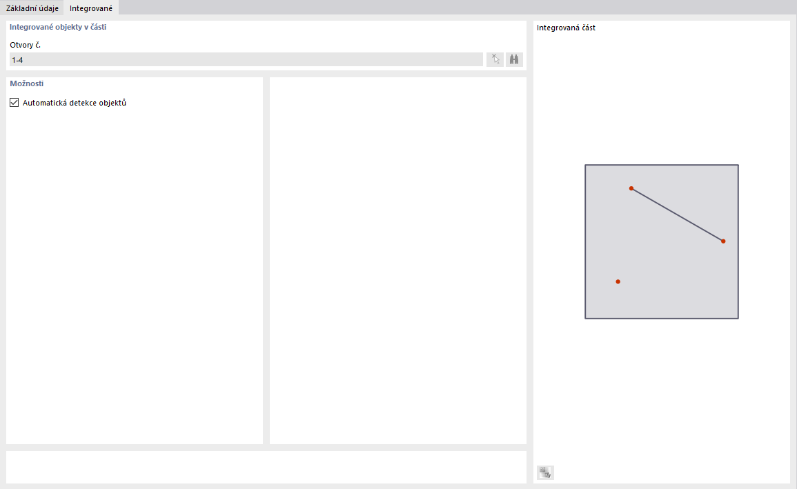 Dialog "Nová část", záložka "Integrované objekty"