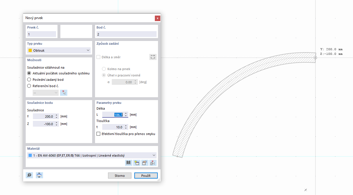 Grafické nastavení obloukového prvku