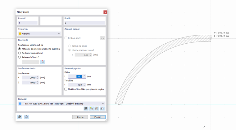 Grafické nastavení obloukového prvku