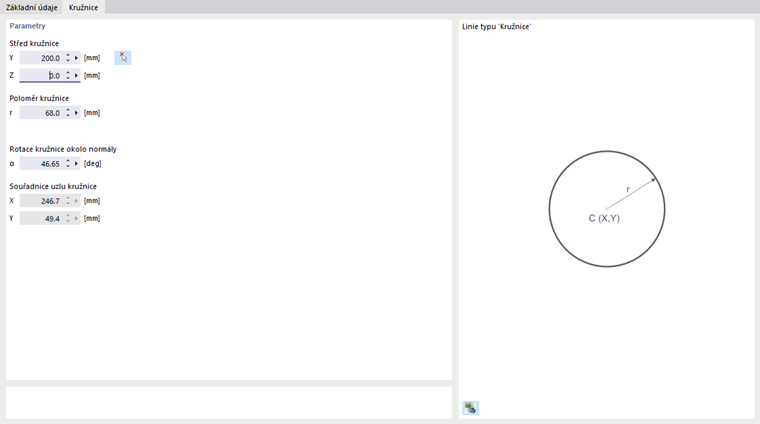 Dialog "Nový prvek", záložka "Kruh"
