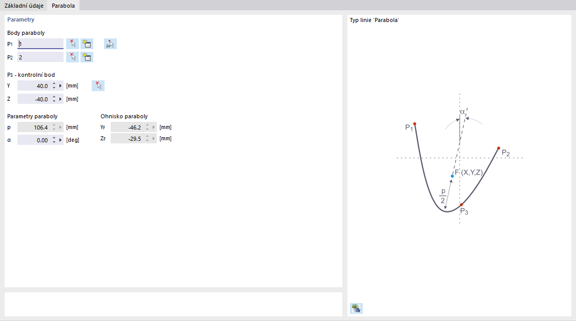 Dialog 'Nový prvek', záložka 'Parabola'
