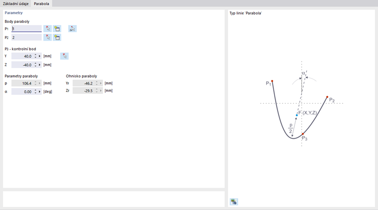 Dialog 'Nový prvek', záložka 'Parabola'