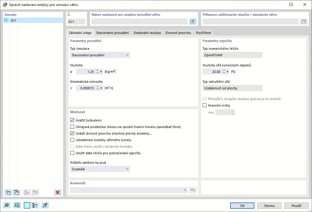 Nastavení simulace větru, hlavní
