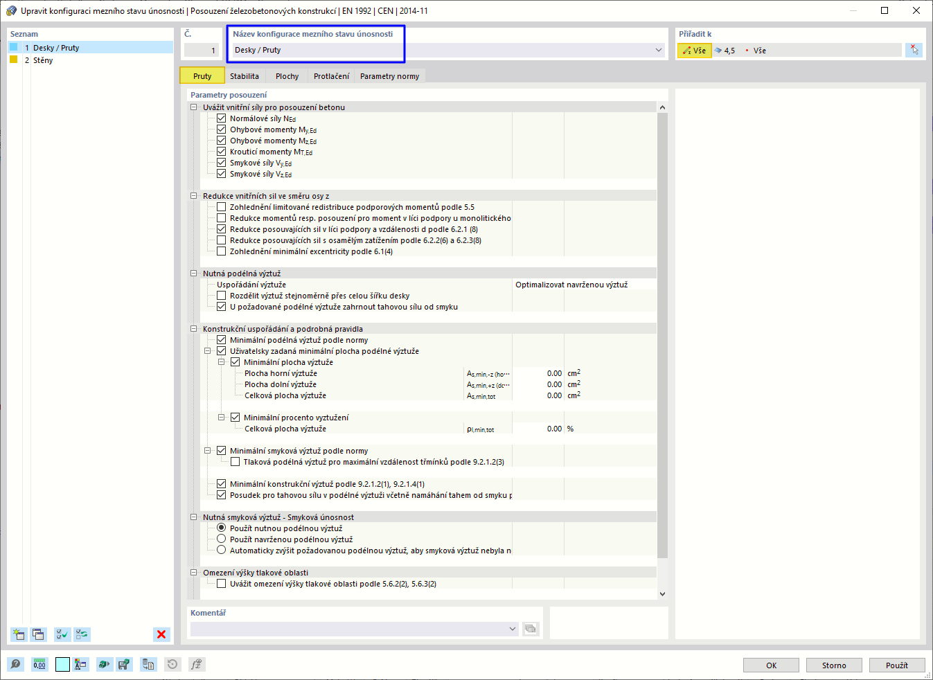 Konečná konfigurace pro desky a pruty